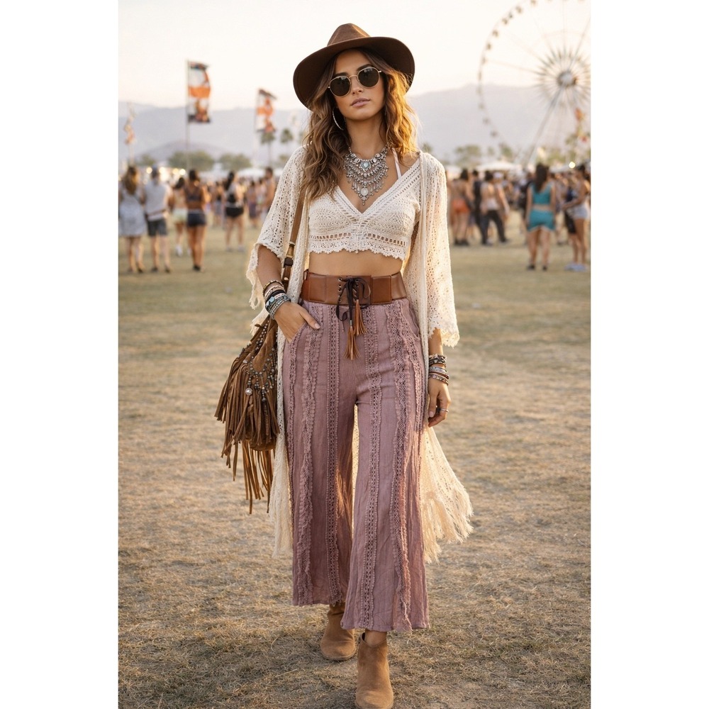 Boho Crochet Festival Indie Pants Size S Coachella Earthy Gypsy Lace Flowy Belt